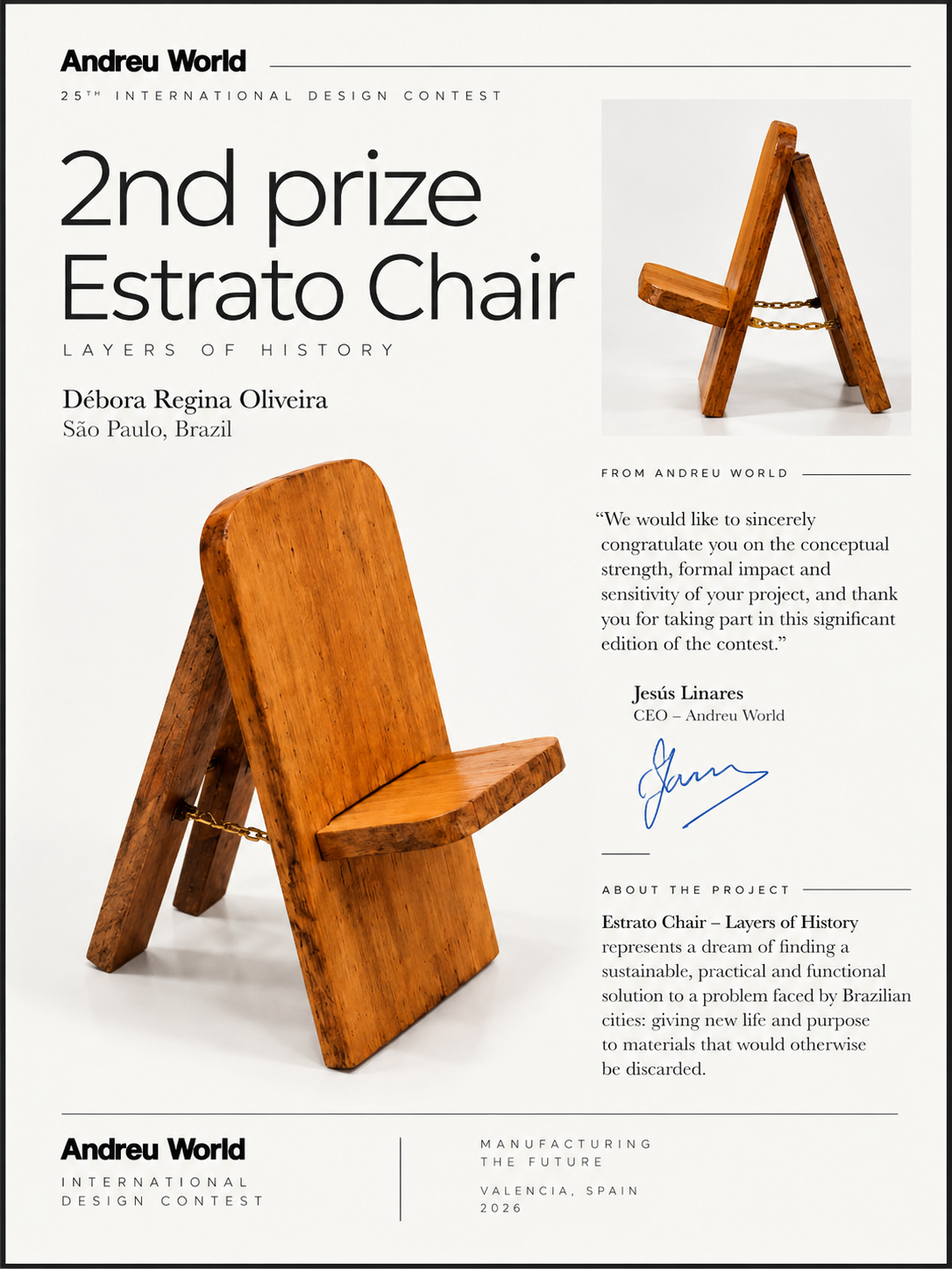 Cartaz da Estrato Chair e do segundo prêmio Andreu World 2026